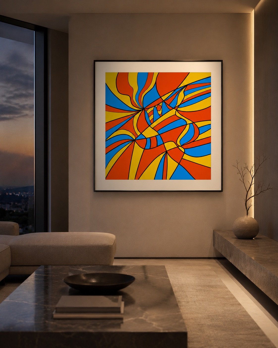 Abendliche Raumansicht mit MAGLIDO Flow als gerahmtem Fine-Art-Print